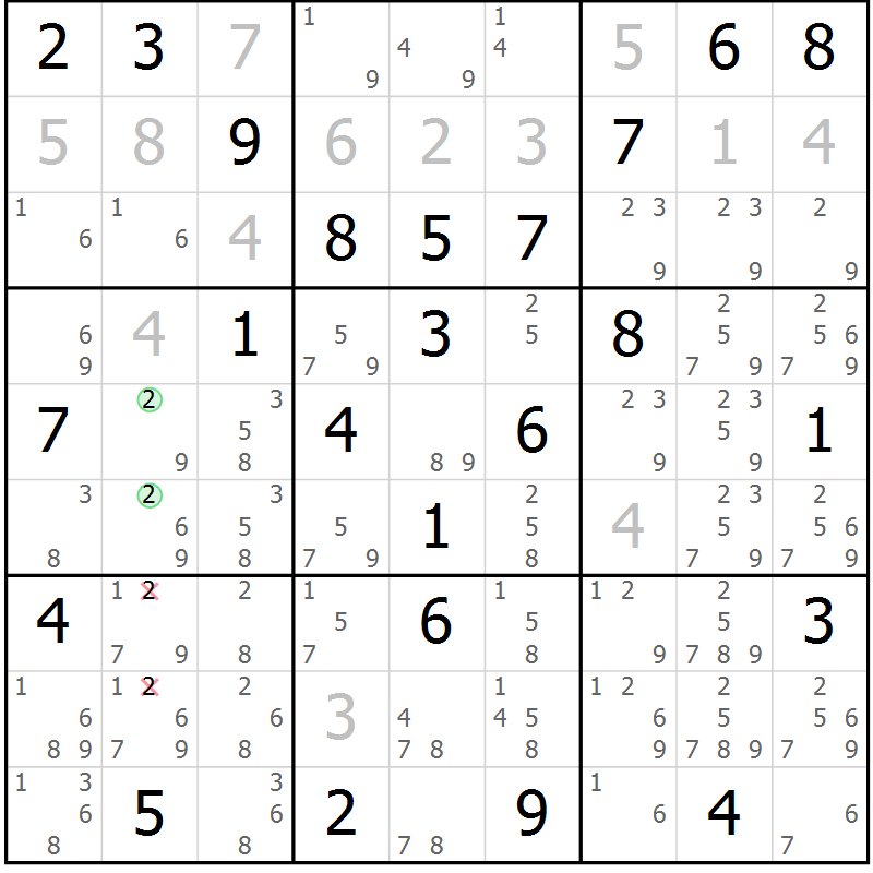 Position des candidats pour la solution de la Gr 66 page 69 du magazine de sudoku Giga sudoku niv 6-8 n° 024