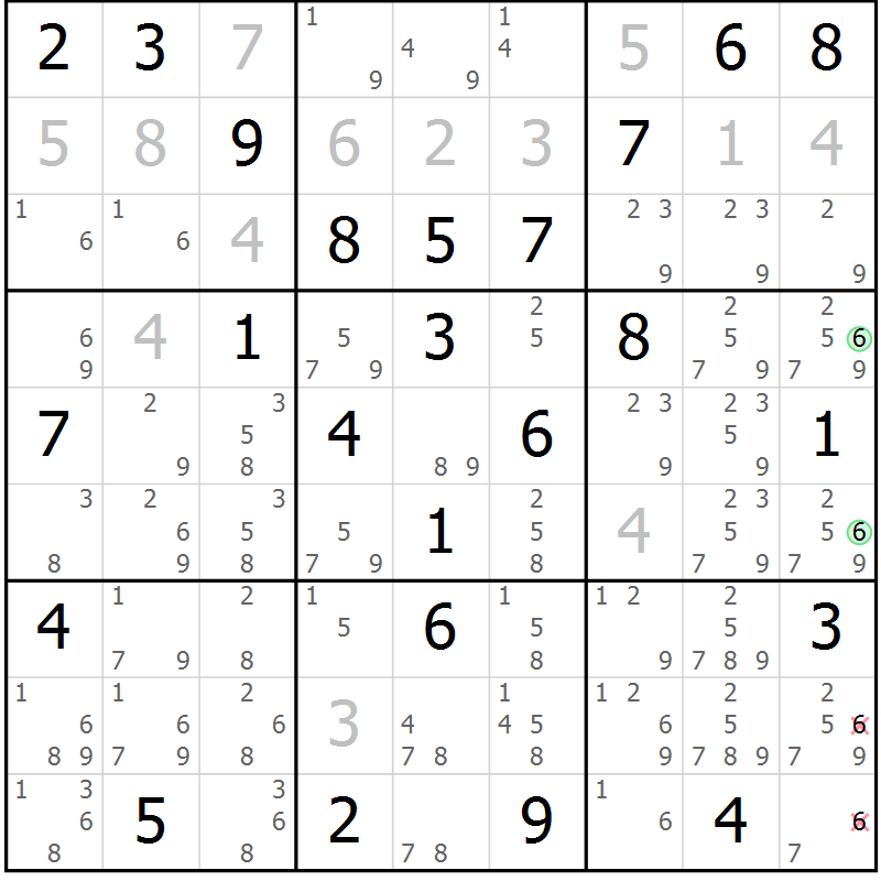Position des candidats pour la solution de la Gr 66 page 69 du magazine de sudoku Giga sudoku niv 6-8 n° 024