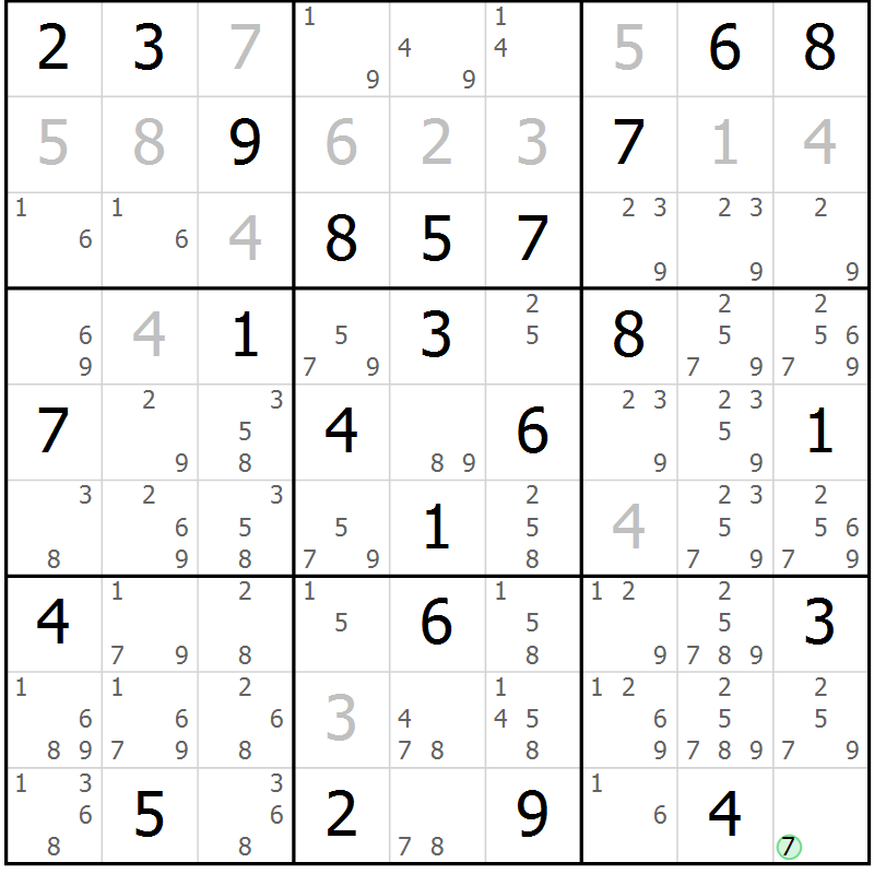 Position des candidats pour la solution de la Gr 66 page 69 du magazine de sudoku Giga sudoku niv 6-8 n° 024