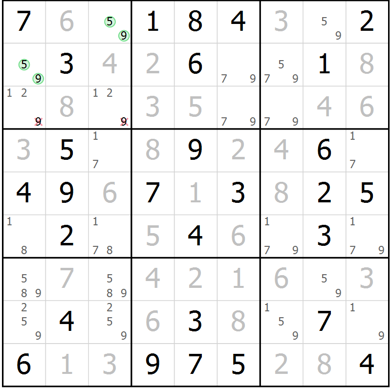 Position des candidats pour la solution de la Gr 67 page 70 du magazine de sudoku Giga sudoku niv 6-8 n° 024
