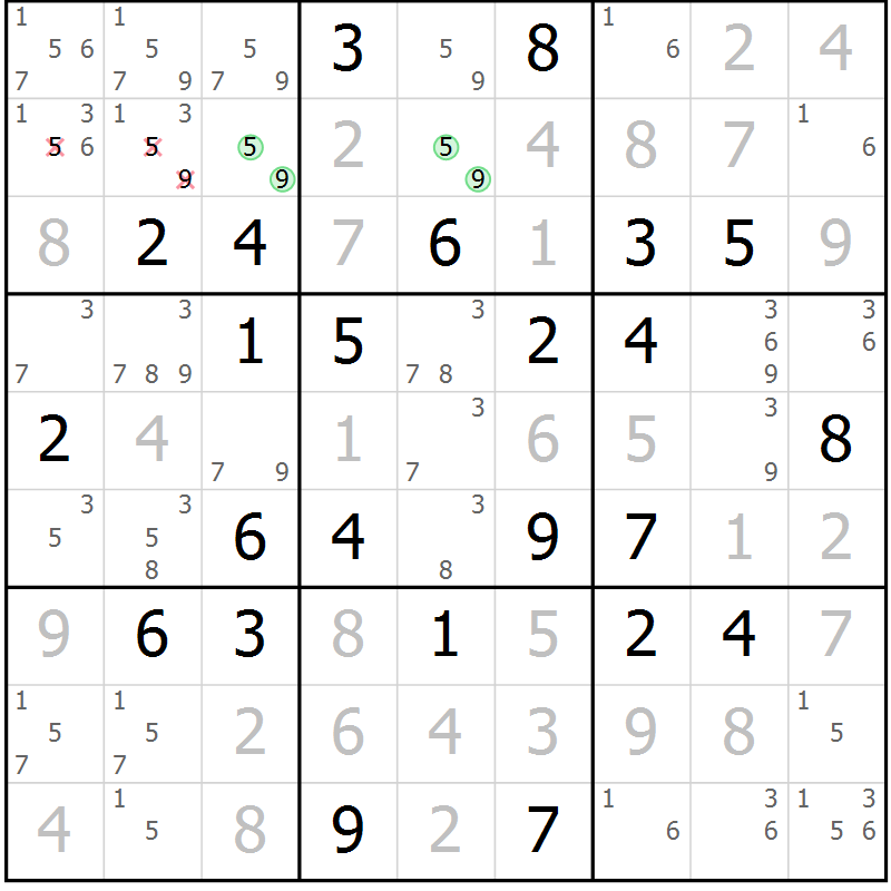 Position des candidats pour la solution de la Gr 68 page 71 du magazine de sudoku Giga sudoku niv 6-8 n° 024
