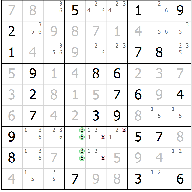 Position des candidats pour la solution de la Gr 69 page 72 du magazine de sudoku Giga sudoku niv 6-8 n° 024