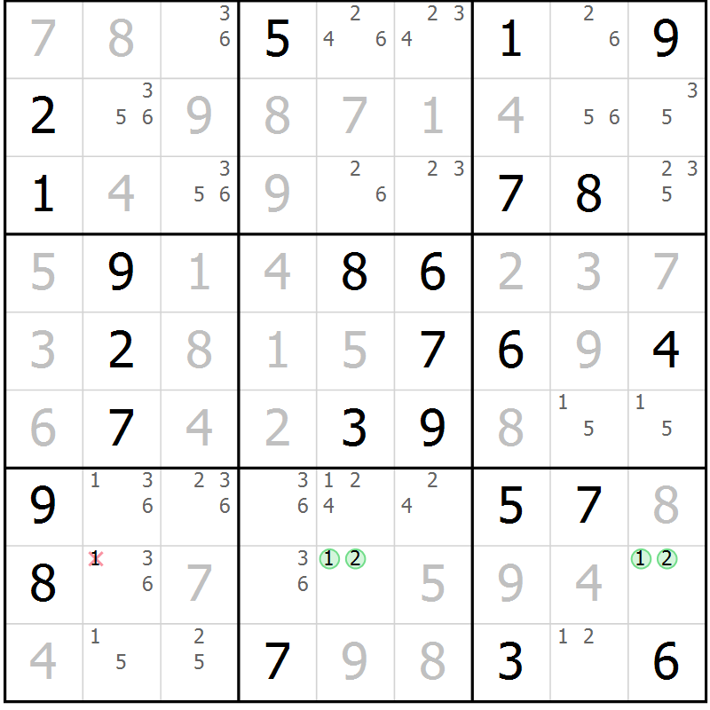 Position des candidats pour la solution de la Gr 69 page 72 du magazine de sudoku Giga sudoku niv 6-8 n° 024