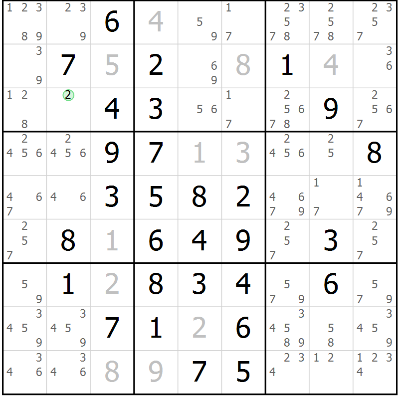Position des candidats pour la solution de la Gr 7 page 10 du magazine de sudoku Giga sudoku niv 6-8 n° 024