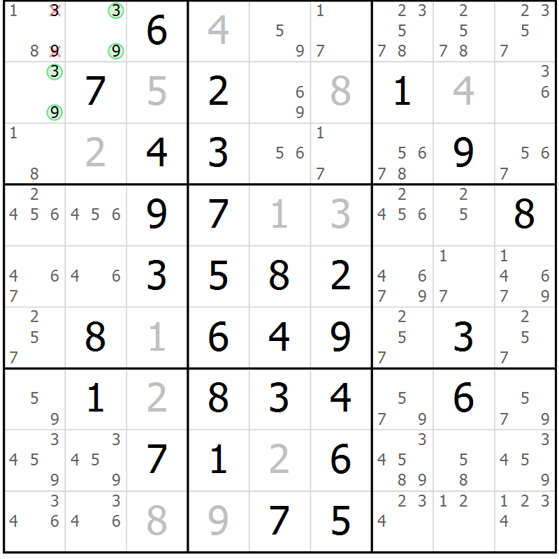 Position des candidats pour la solution de la Gr 7 page 10 du magazine de sudoku Giga sudoku niv 6-8 n° 024