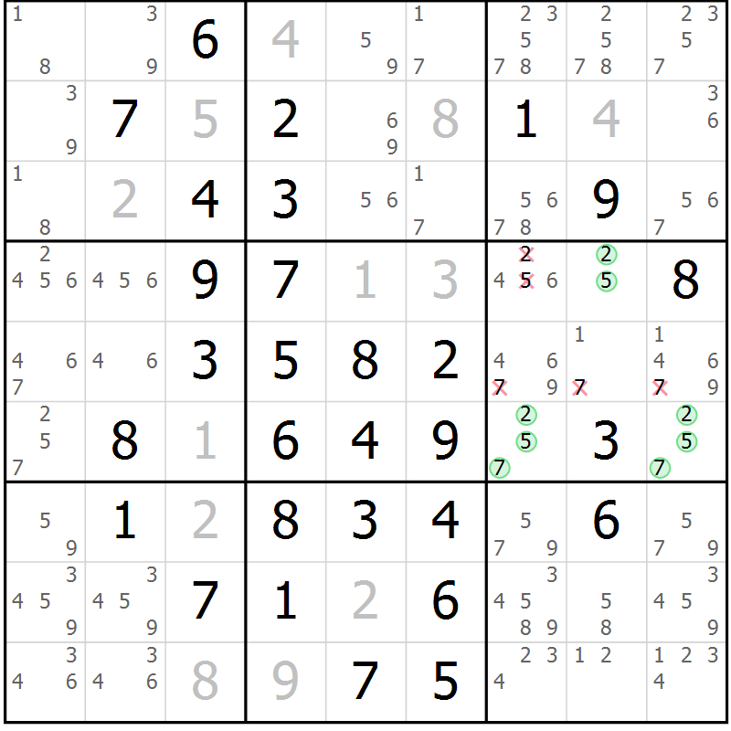 Position des candidats pour la solution de la Gr 7 page 10 du magazine de sudoku Giga sudoku niv 6-8 n° 024