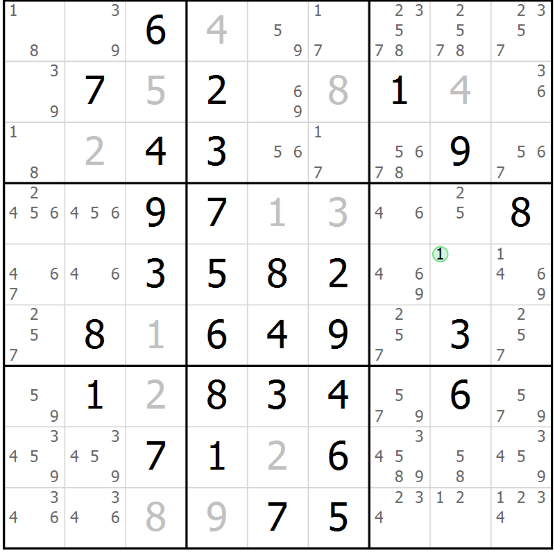Position des candidats pour la solution de la Gr 7 page 10 du magazine de sudoku Giga sudoku niv 6-8 n° 024