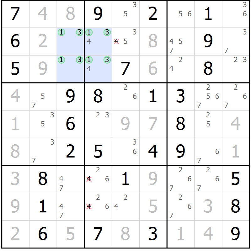 Position des candidats pour la solution de la Gr 70 page 73 du magazine de sudoku Giga sudoku niv 6-8 n° 024