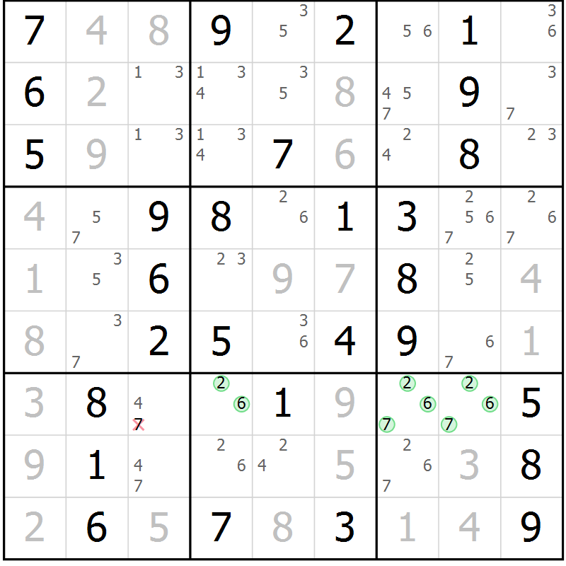Position des candidats pour la solution de la Gr 70 page 73 du magazine de sudoku Giga sudoku niv 6-8 n° 024