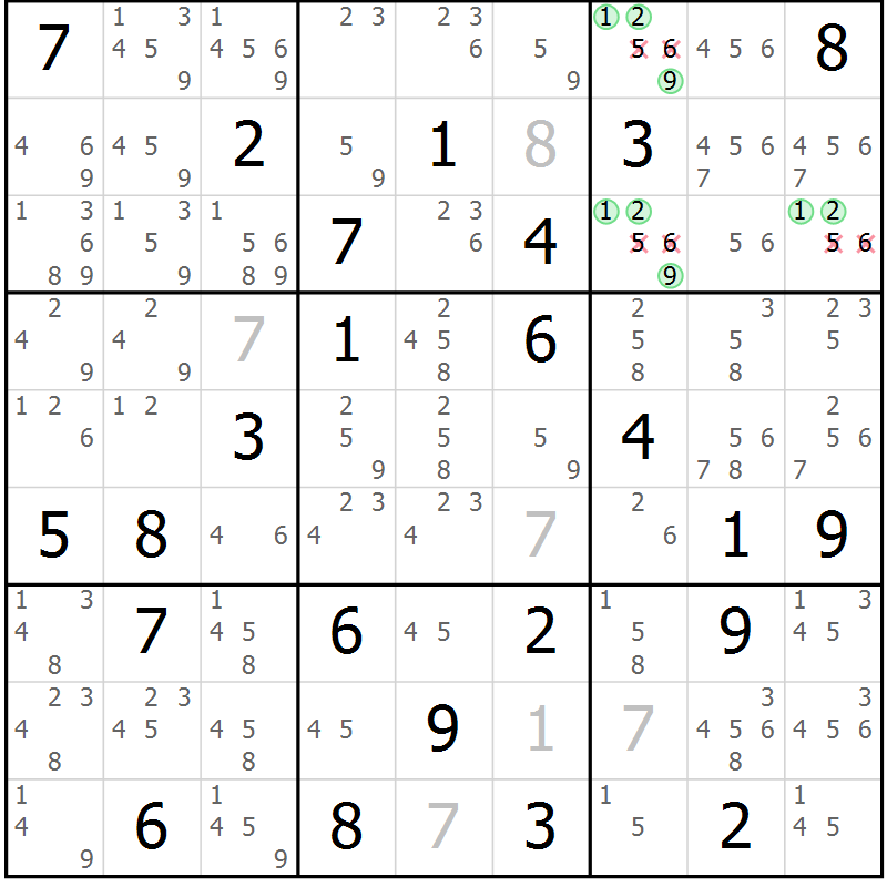 Position des candidats pour la solution de la Gr 71 page 74 du magazine de sudoku Giga sudoku niv 6-8 n° 024