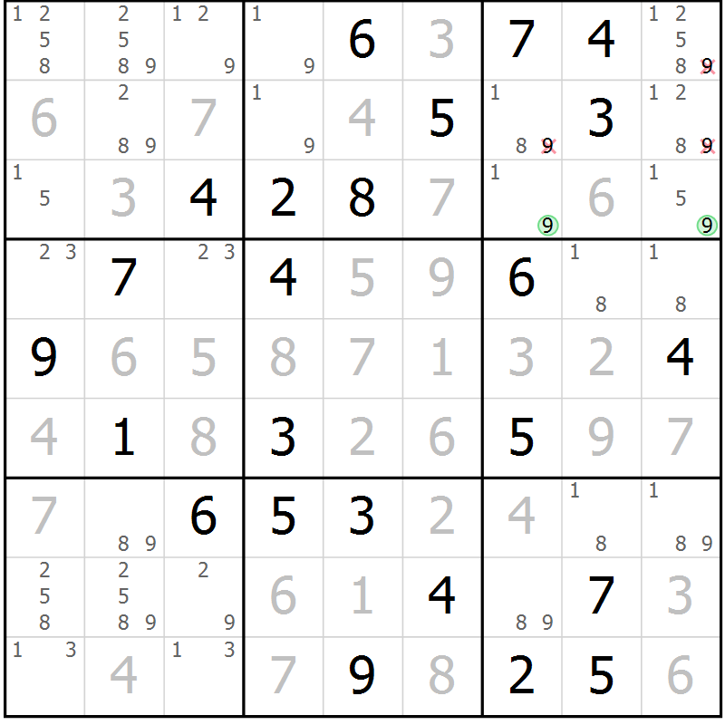 Position des candidats pour la solution de la Gr 73 page 76 du magazine de sudoku Giga sudoku niv 6-8 n° 024