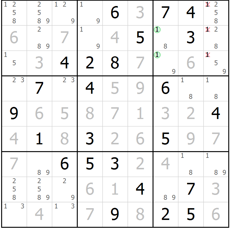 Position des candidats pour la solution de la Gr 73 page 76 du magazine de sudoku Giga sudoku niv 6-8 n° 024