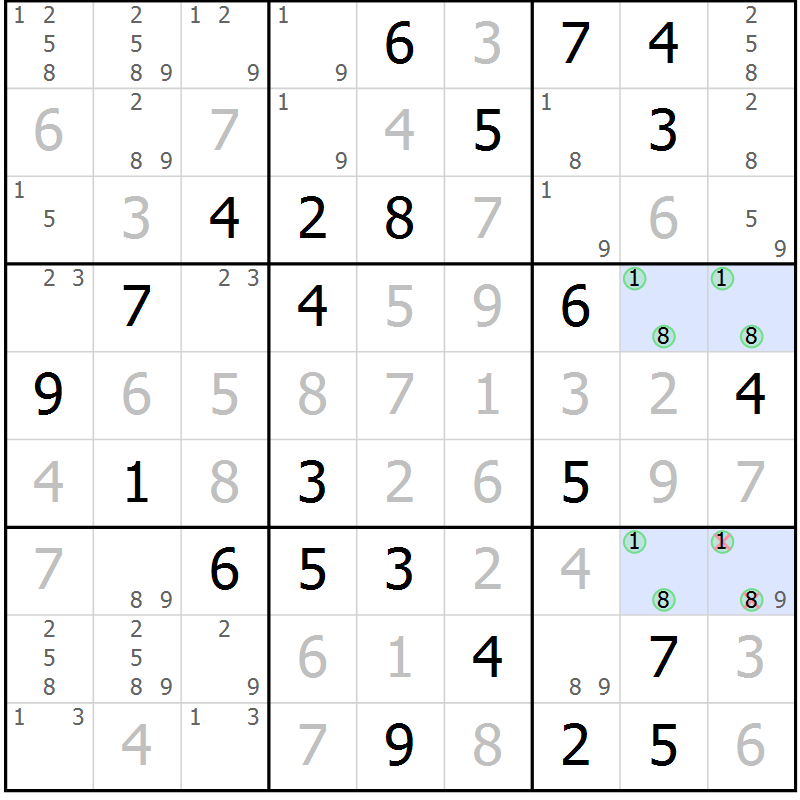 Position des candidats pour la solution de la Gr 73 page 76 du magazine de sudoku Giga sudoku niv 6-8 n° 024
