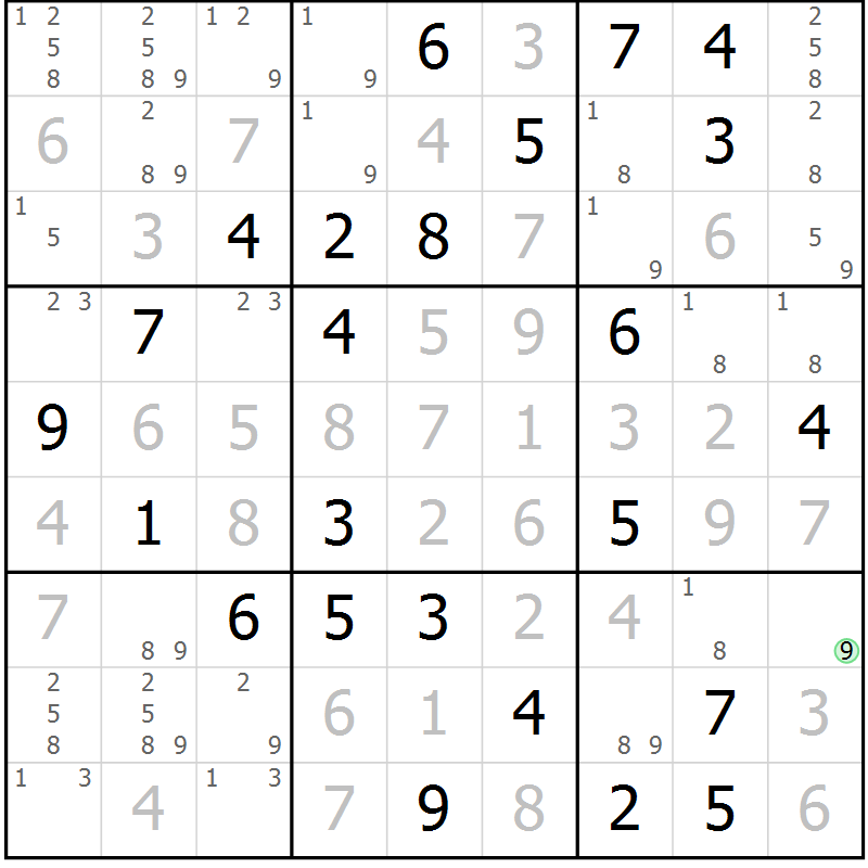 Position des candidats pour la solution de la Gr 73 page 76 du magazine de sudoku Giga sudoku niv 6-8 n° 024