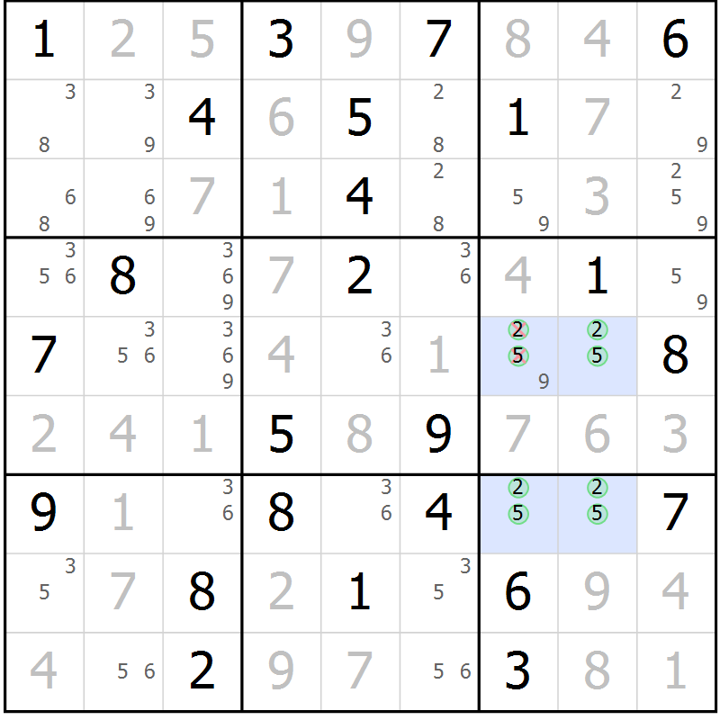 Position des candidats pour la solution de la Gr 75 page 78 du magazine de sudoku Giga sudoku niv 6-8 n° 024