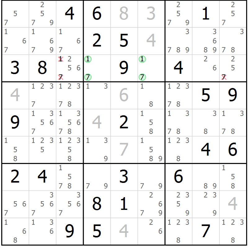 Position des candidats pour la solution de la Gr 76 page 79 du magazine de sudoku Giga sudoku niv 6-8 n° 024