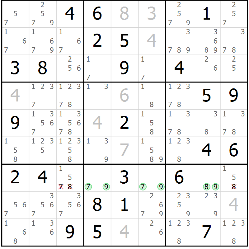 Position des candidats pour la solution de la Gr 76 page 79 du magazine de sudoku Giga sudoku niv 6-8 n° 024