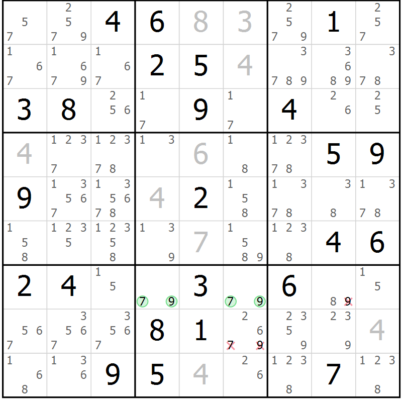 Position des candidats pour la solution de la Gr 76 page 79 du magazine de sudoku Giga sudoku niv 6-8 n° 024