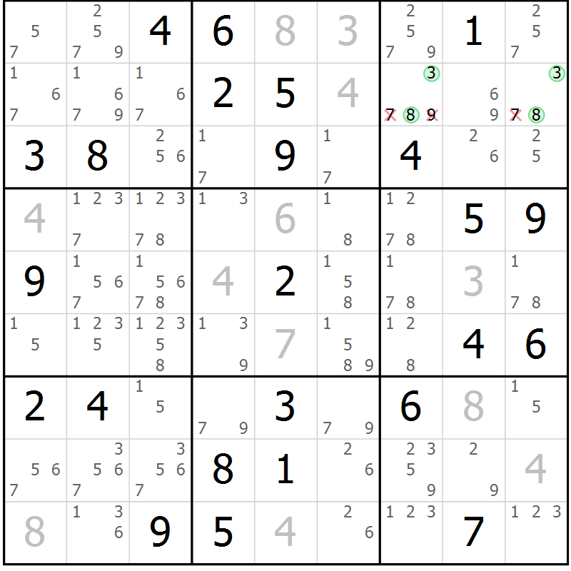 Position des candidats pour la solution de la Gr 76 page 79 du magazine de sudoku Giga sudoku niv 6-8 n° 024