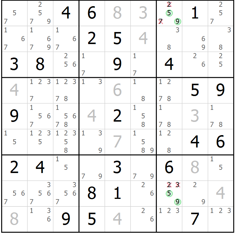 Position des candidats pour la solution de la Gr 76 page 79 du magazine de sudoku Giga sudoku niv 6-8 n° 024