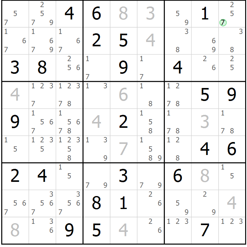Position des candidats pour la solution de la Gr 76 page 79 du magazine de sudoku Giga sudoku niv 6-8 n° 024
