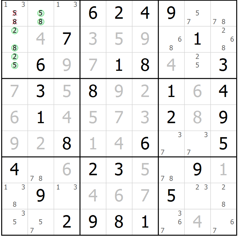 Position des candidats pour la solution de la Gr 77 page 80 du magazine de sudoku Giga sudoku niv 6-8 n° 024