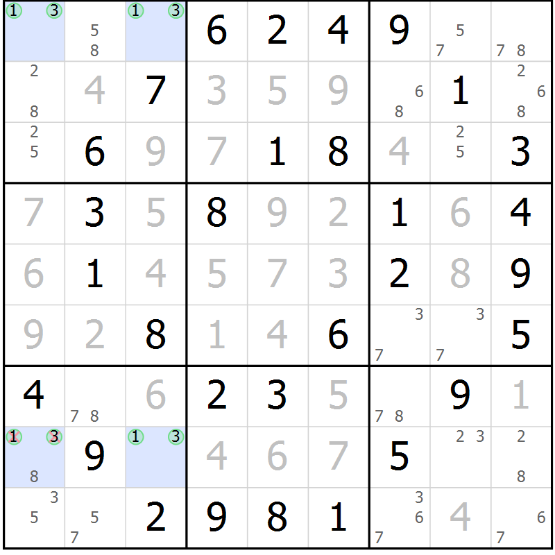 Position des candidats pour la solution de la Gr 77 page 80 du magazine de sudoku Giga sudoku niv 6-8 n° 024