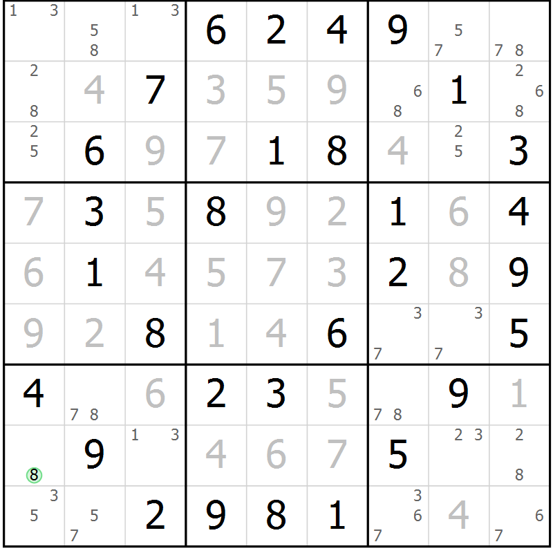 Position des candidats pour la solution de la Gr 77 page 80 du magazine de sudoku Giga sudoku niv 6-8 n° 024