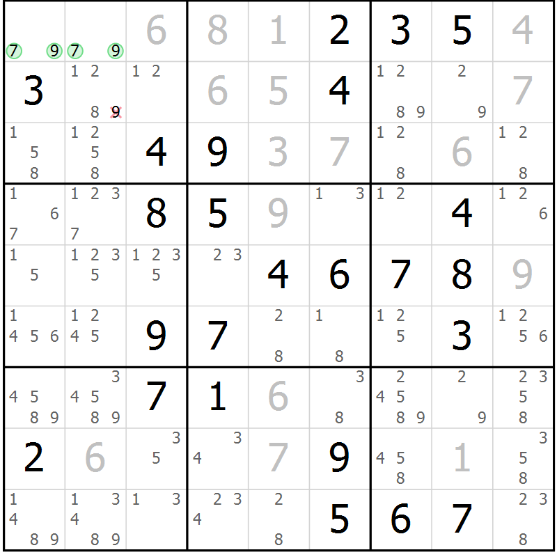 Position des candidats pour la solution de la Gr 79 page 82 du magazine de sudoku Giga sudoku niv 6-8 n° 024