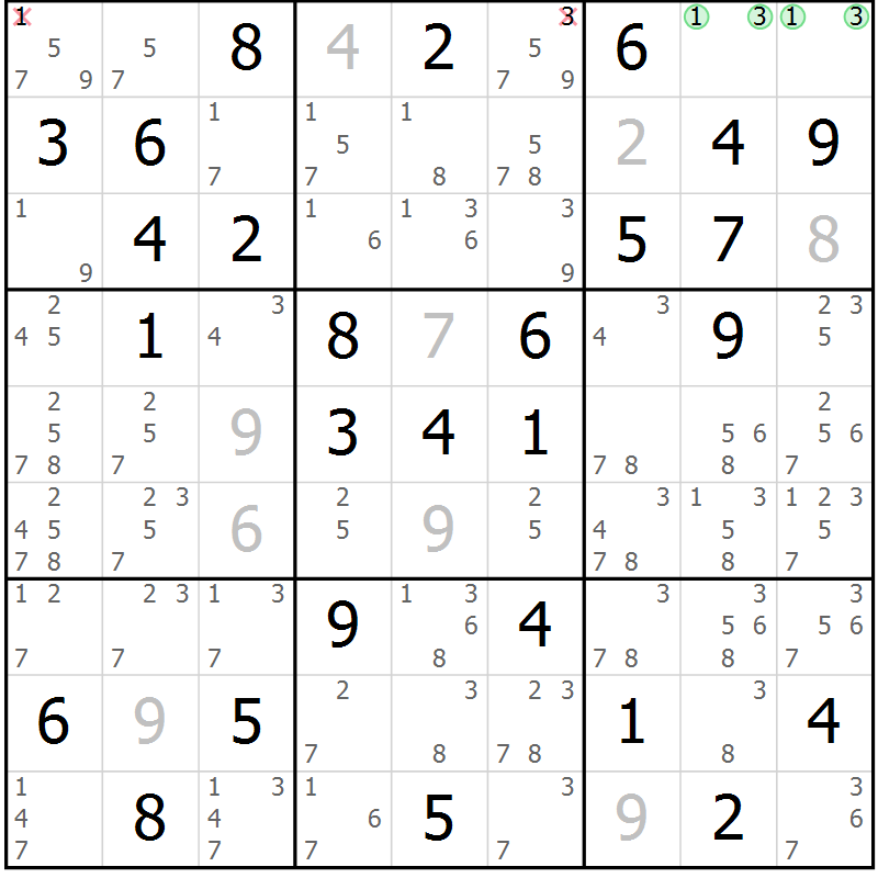 Position des candidats pour la solution de la Gr 8 page 11 du magazine de sudoku Giga sudoku niv 6-8 n° 024