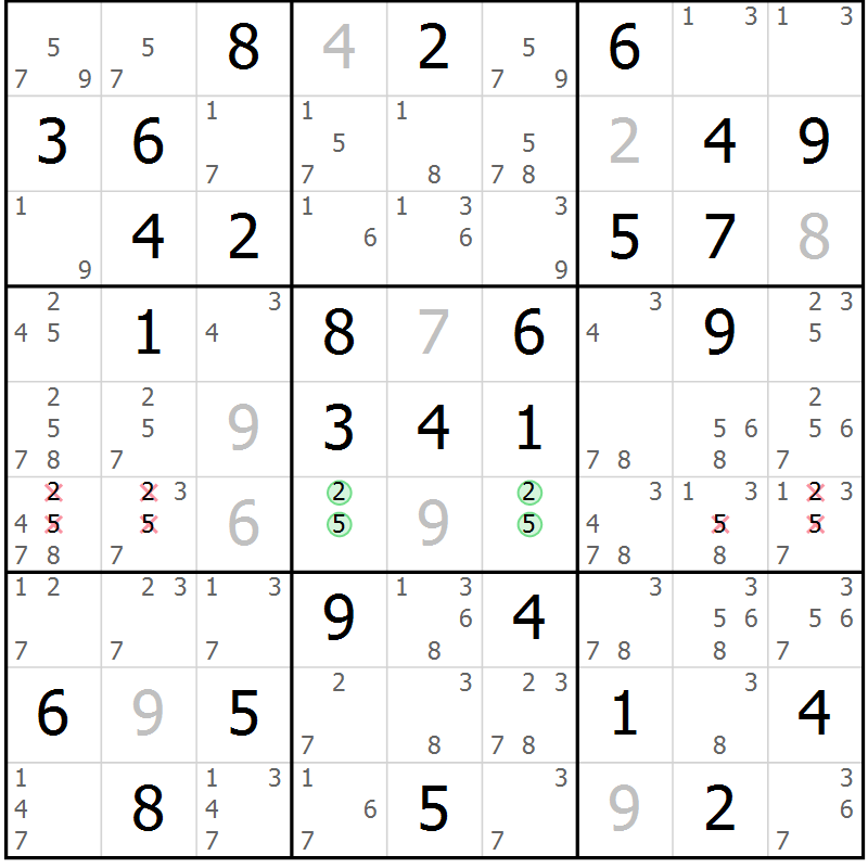 Position des candidats pour la solution de la Gr 8 page 11 du magazine de sudoku Giga sudoku niv 6-8 n° 024