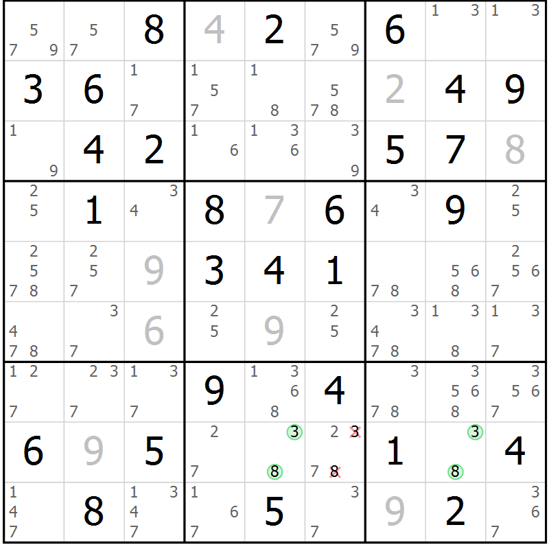 Position des candidats pour la solution de la Gr 8 page 11 du magazine de sudoku Giga sudoku niv 6-8 n° 024