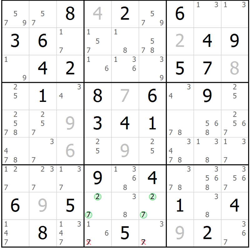 Position des candidats pour la solution de la Gr 8 page 11 du magazine de sudoku Giga sudoku niv 6-8 n° 024