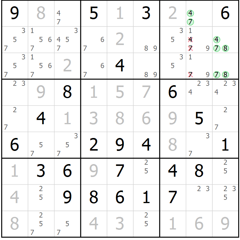 Position des candidats pour la solution de la Gr 80 page 83 du magazine de sudoku Giga sudoku niv 6-8 n° 024