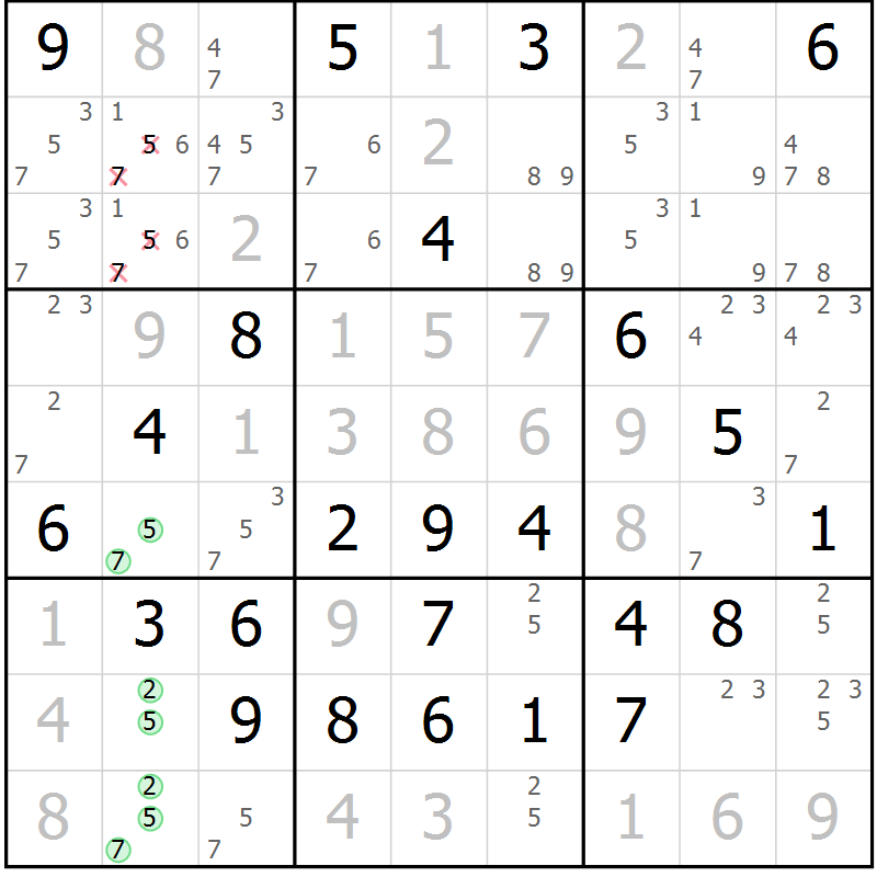 Position des candidats pour la solution de la Gr 80 page 83 du magazine de sudoku Giga sudoku niv 6-8 n° 024