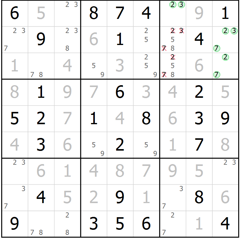 Position des candidats pour la solution de la Gr 81 page 84 du magazine de sudoku Giga sudoku niv 6-8 n° 024