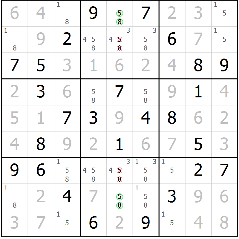 Position des candidats pour la solution de la Gr 82 page 85 du magazine de sudoku Giga sudoku niv 6-8 n° 024