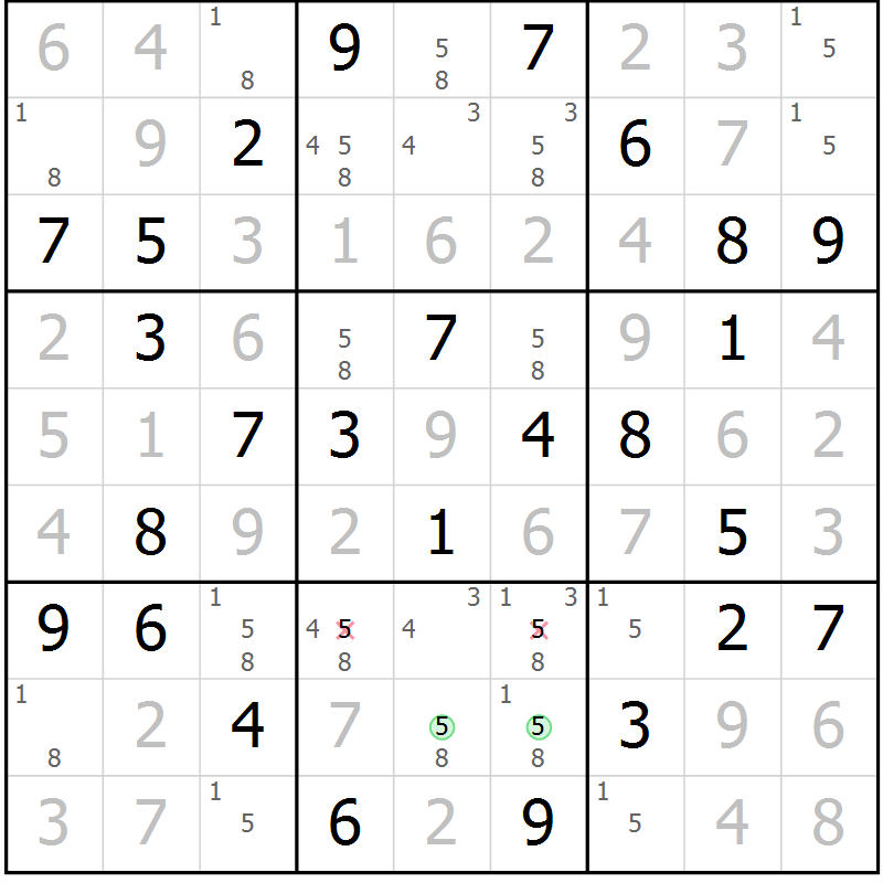 Position des candidats pour la solution de la Gr 82 page 85 du magazine de sudoku Giga sudoku niv 6-8 n° 024