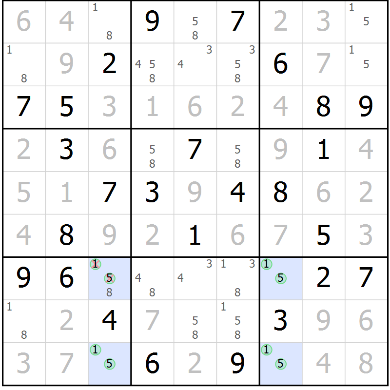 Position des candidats pour la solution de la Gr 82 page 85 du magazine de sudoku Giga sudoku niv 6-8 n° 024