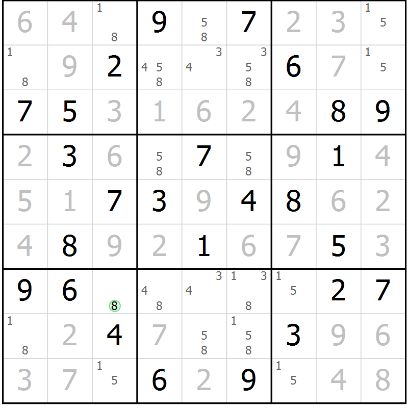 Position des candidats pour la solution de la Gr 82 page 85 du magazine de sudoku Giga sudoku niv 6-8 n° 024