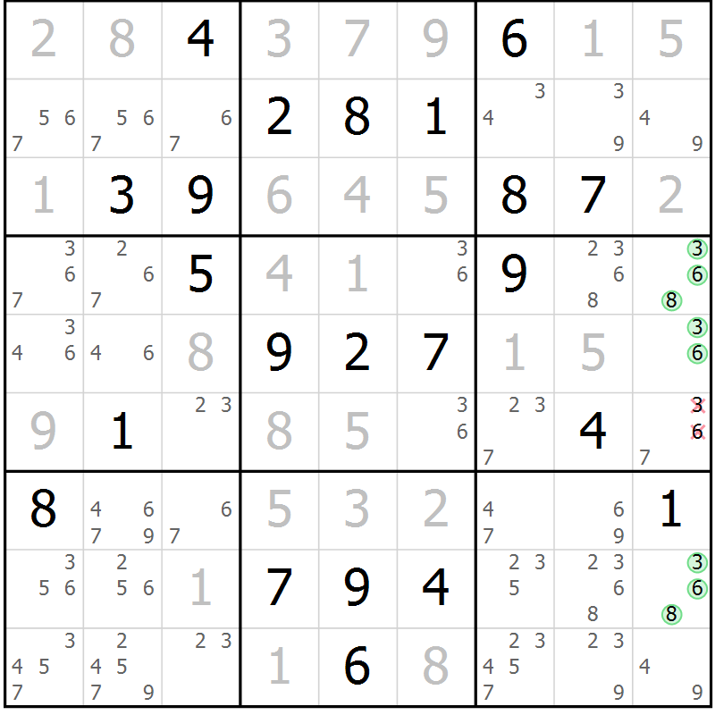 Position des candidats pour la solution de la Gr 85 page 88 du magazine de sudoku Giga sudoku niv 6-8 n° 024
