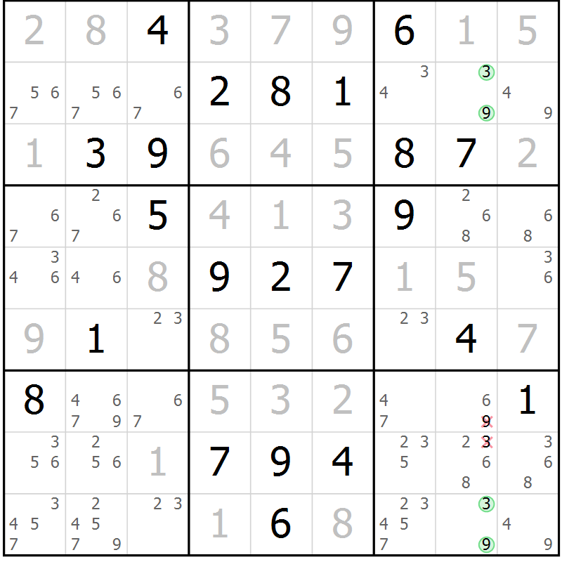 Position des candidats pour la solution de la Gr 85 page 88 du magazine de sudoku Giga sudoku niv 6-8 n° 024