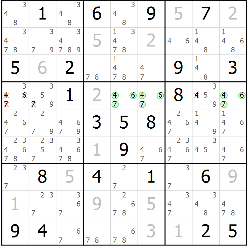 Position des candidats pour la solution de la Gr 87 page 90 du magazine de sudoku Giga sudoku niv 6-8 n° 024