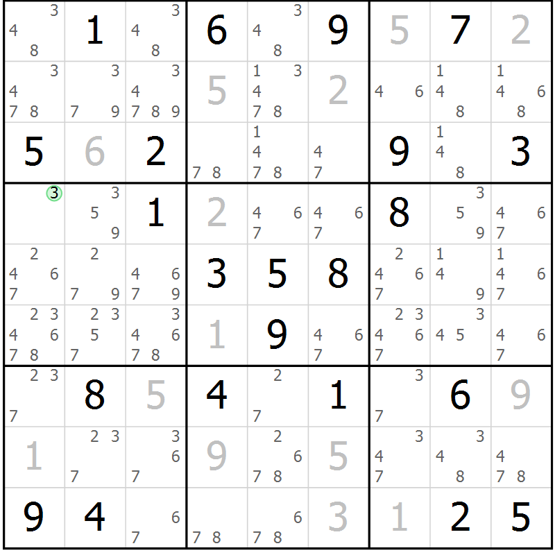 Position des candidats pour la solution de la Gr 87 page 90 du magazine de sudoku Giga sudoku niv 6-8 n° 024