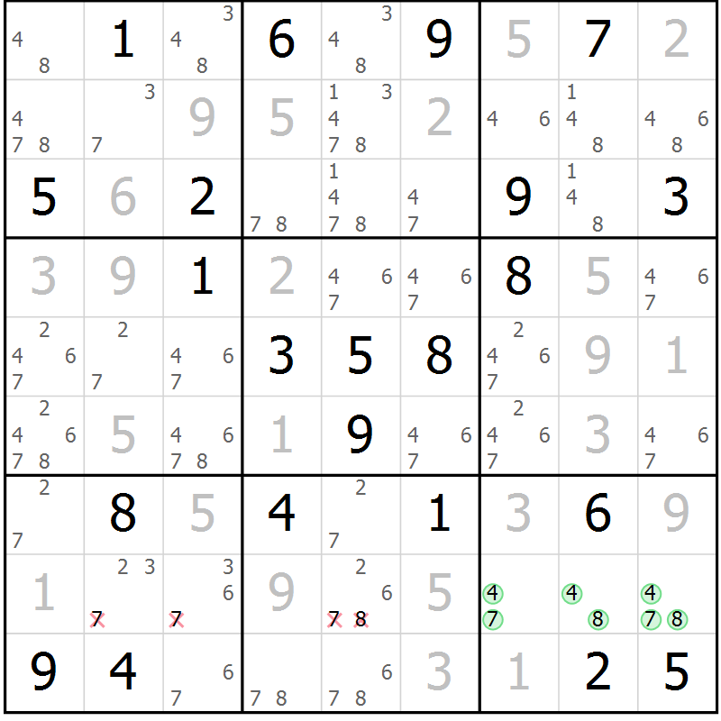 Position des candidats pour la solution de la Gr 87 page 90 du magazine de sudoku Giga sudoku niv 6-8 n° 024
