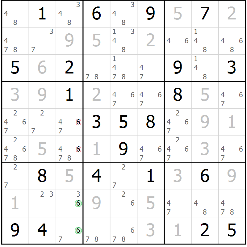 Position des candidats pour la solution de la Gr 87 page 90 du magazine de sudoku Giga sudoku niv 6-8 n° 024