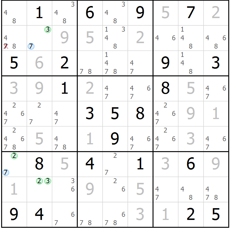 Position des candidats pour la solution de la Gr 87 page 90 du magazine de sudoku Giga sudoku niv 6-8 n° 024