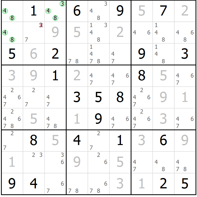 Position des candidats pour la solution de la Gr 87 page 90 du magazine de sudoku Giga sudoku niv 6-8 n° 024