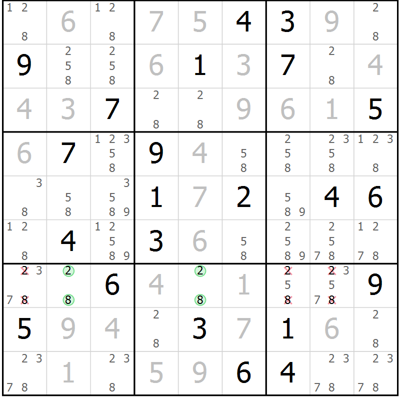 Position des candidats pour la solution de la Gr 88 page 91 du magazine de sudoku Giga sudoku niv 6-8 n° 024