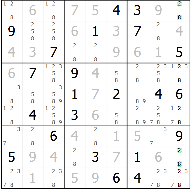 Position des candidats pour la solution de la Gr 88 page 91 du magazine de sudoku Giga sudoku niv 6-8 n° 024